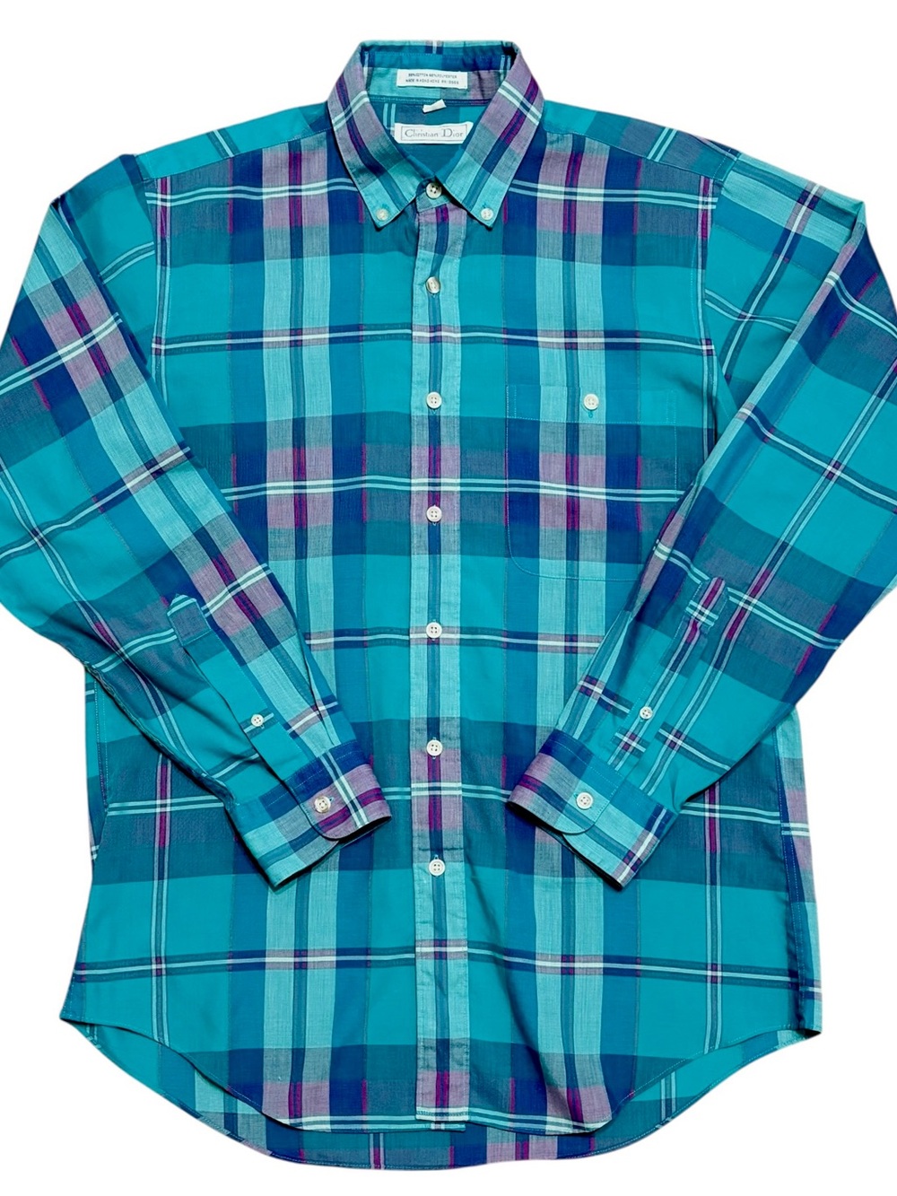 Vintage Christian Dior Plaid Button Down Shirt M Teal Green Blue Plaid Cotton